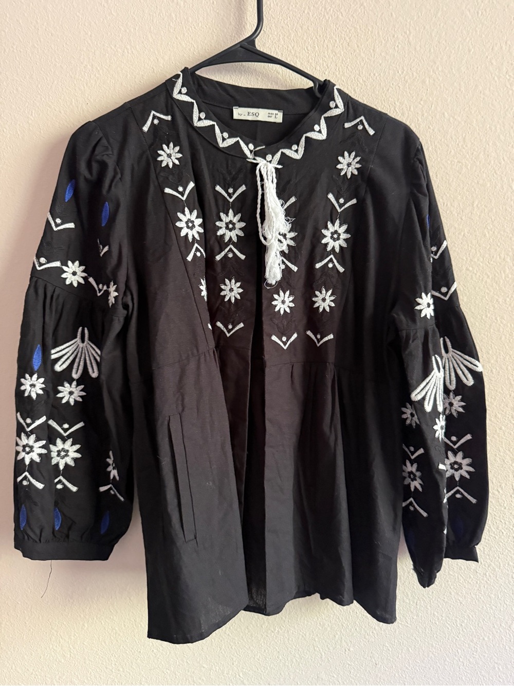Black Embroidered Peasant Blouse Jacket with White & Blue Accents